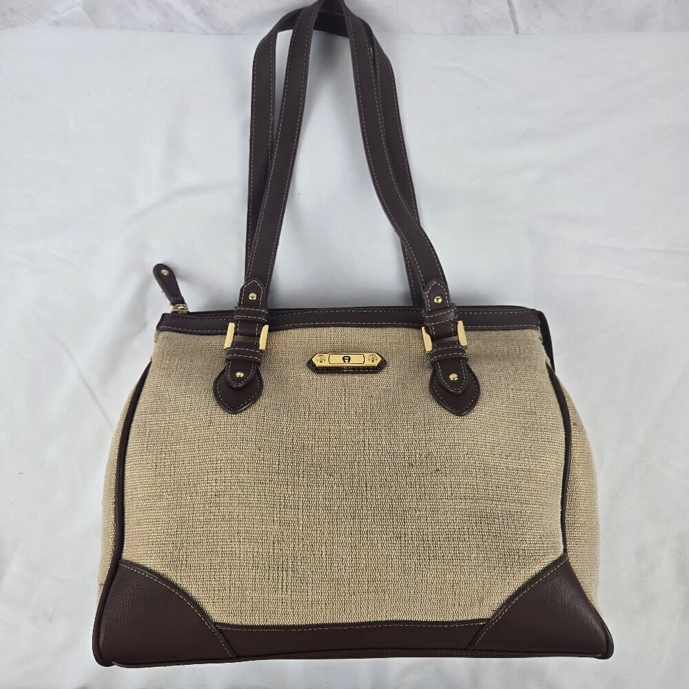 Etienne Aigner Jute & Leather Handbag Double Handles Cream & Brown Top Zipper